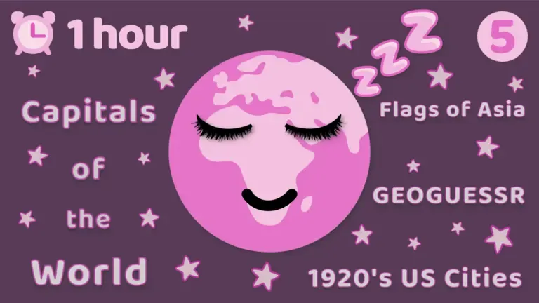 This is the thumbnail for the video titled 'Geography games to help you sleep #5 - World Capitals Edition'